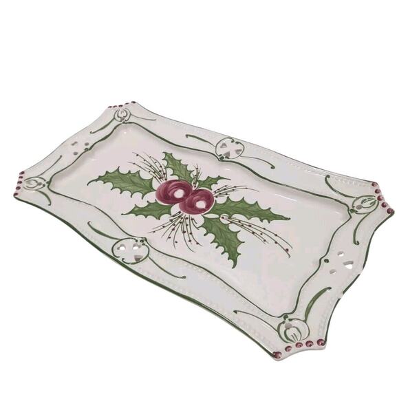 RCCL Christmas Tray 15" White Green HOLLY Hand Painted Glazed Ceramic PORTUGAL - Picture 2 of 14